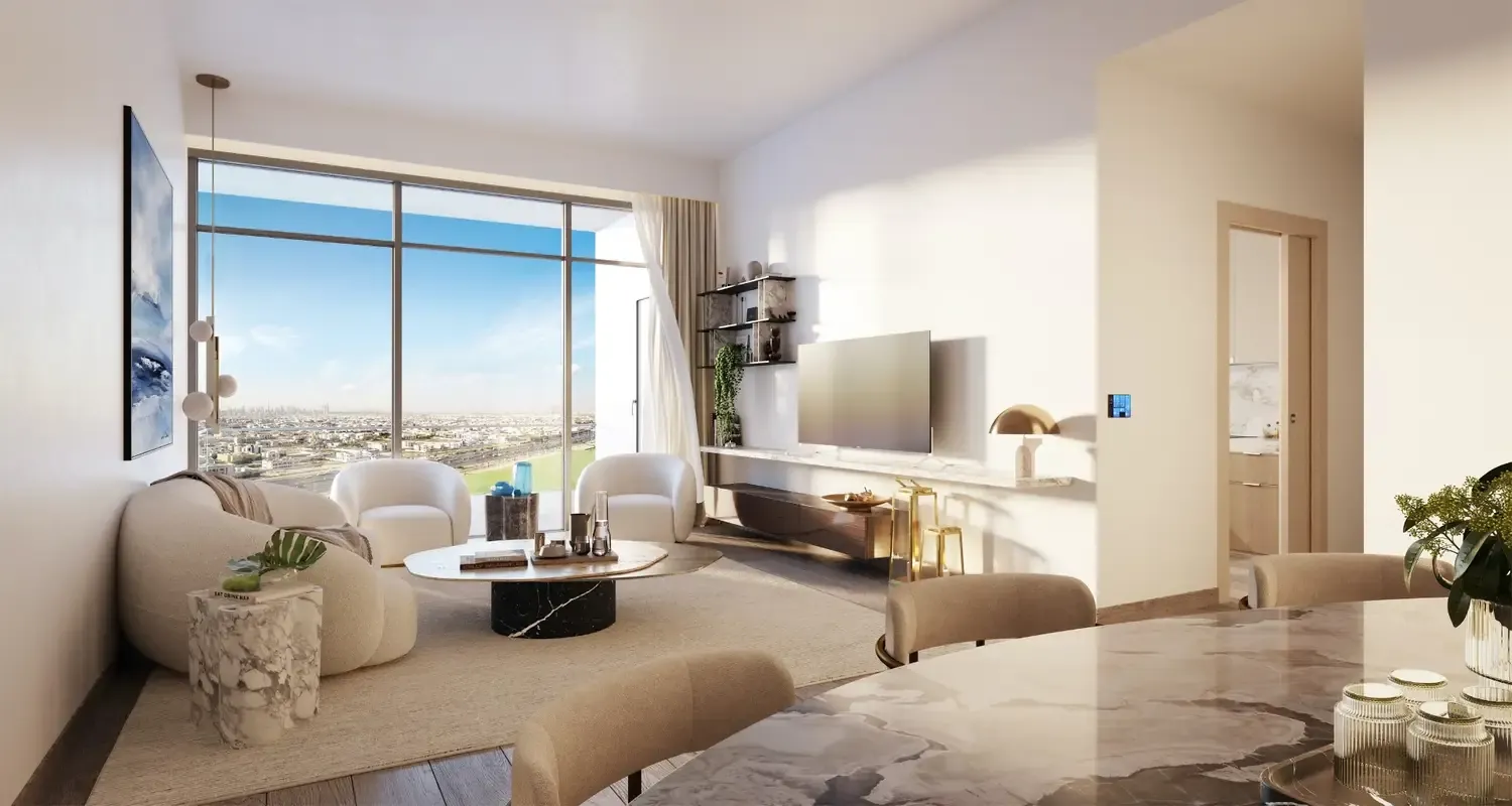 Living room with floor-to-ceiling glazing in a Tria apartment, developer render