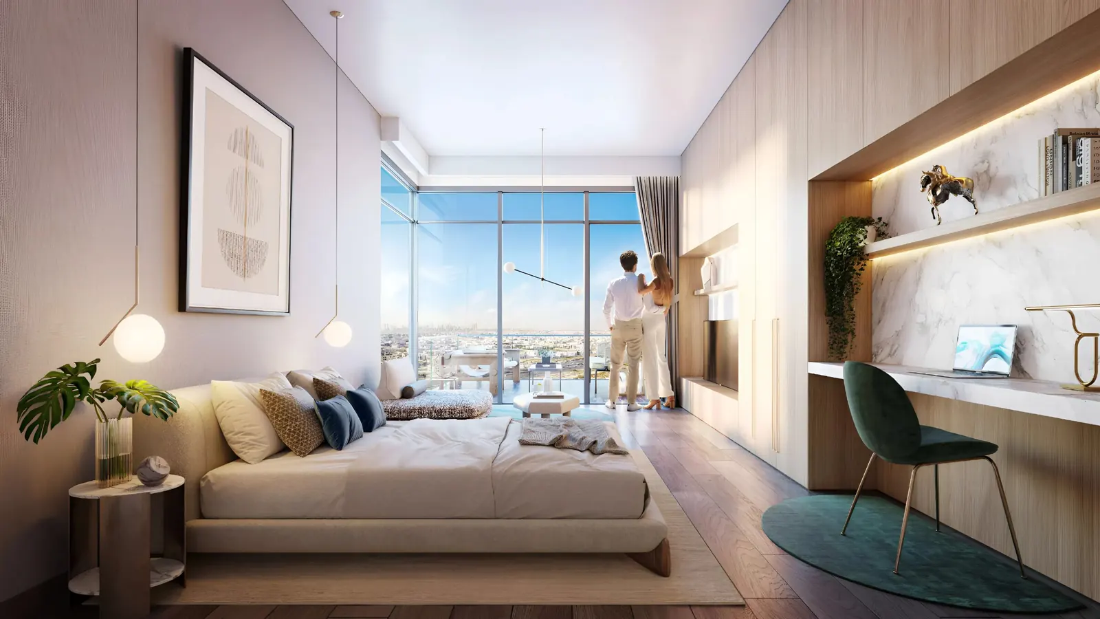Tria studio with bed, desk and full-height window, developer render